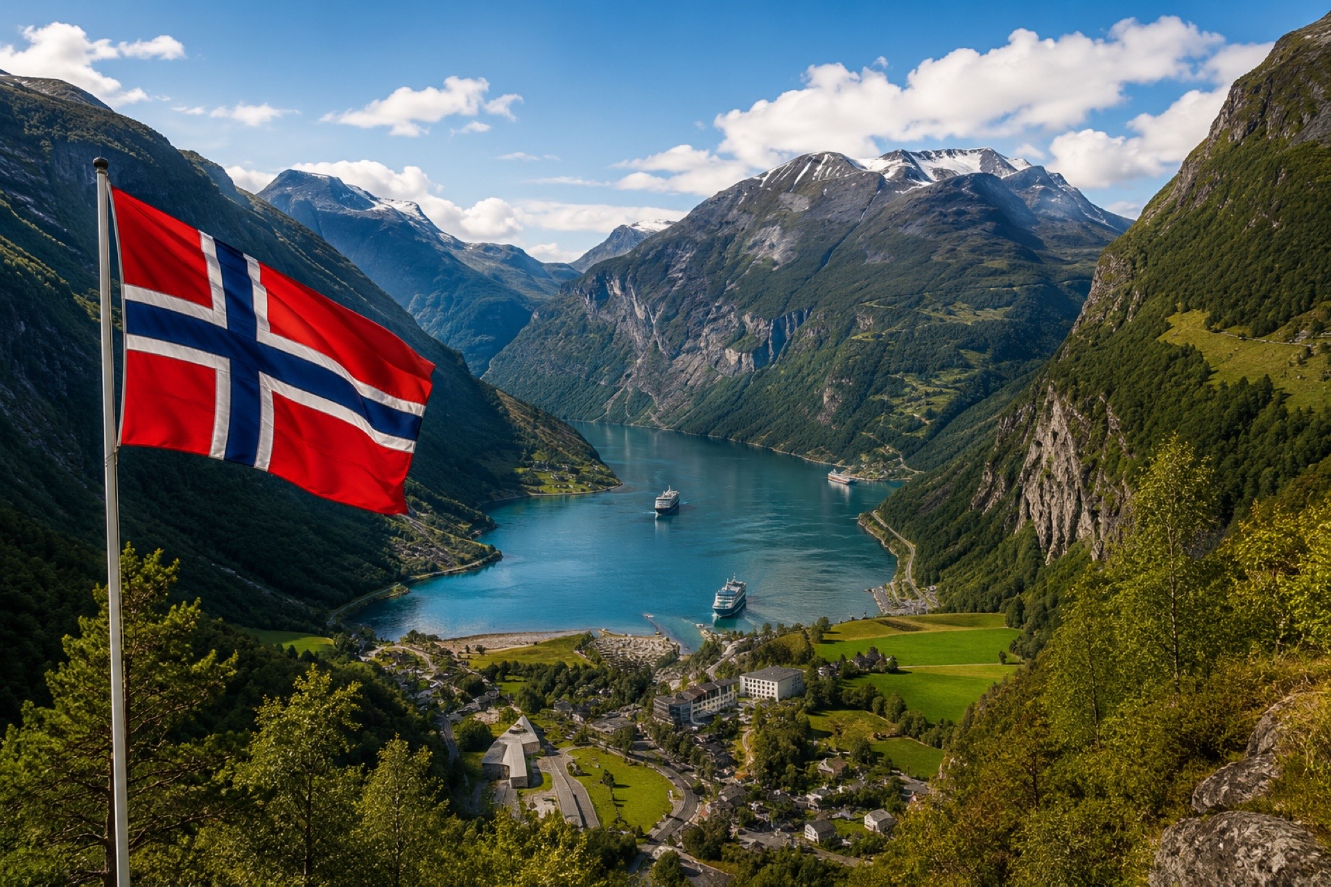 Flaga Norwegii na tle Geirangerfjordu – bogactwo i piękno Norwegii